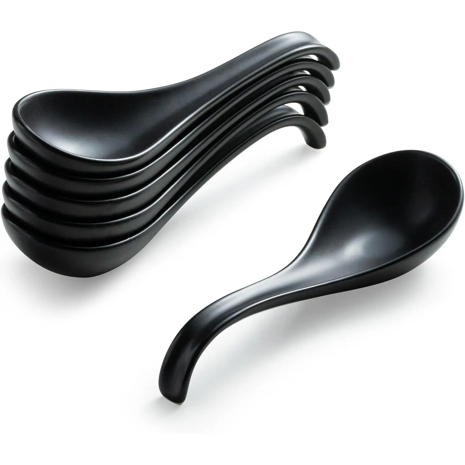 Soup Spoons, 6.5 Inch Ceramic Chinese Soup Spoons for Cereal, Ramen, Pho, Noodles, Stews, Halloween Black Kitchen Spoons with Long Handle and Deep Oval Design - Set of 6