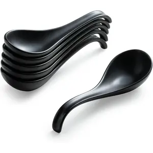 Soup Spoons, 6.5 Inch Ceramic Chinese Soup Spoons for Cereal, Ramen, Pho, Noodles, Stews, Halloween Black Kitchen Spoons with Long Handle and Deep Oval Design - Set of 6