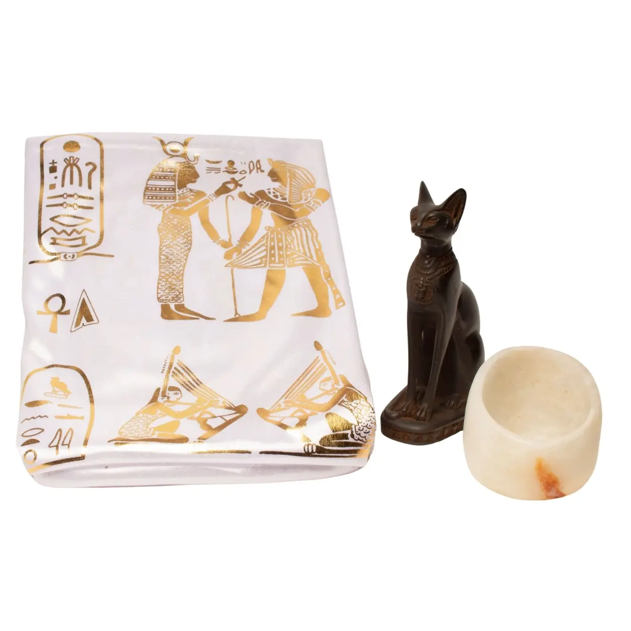 Egyptian Altar Kit with Bastet Statue & Alabaster Candle Holder