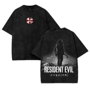 Resident Evil Requiem - Leon S Kennedy RE9 horror Game Washed Tshirt 2 Sided Cotton unisex graphic tees game anime manga movie Menswear Casual gamer merch t-shirt Clothes Top