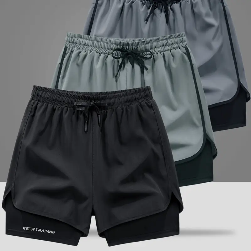 Men's 3-Pack Belted Casual Athletic Polyester Shorts, Quick Dry, Above the Knee, Loose Outer Layer, Fitted Liner Base Layer, Lined Pockets, Breathable, for Running & Training, Summer Menswear Bottoms, Polyester Fabric Men's Shorts