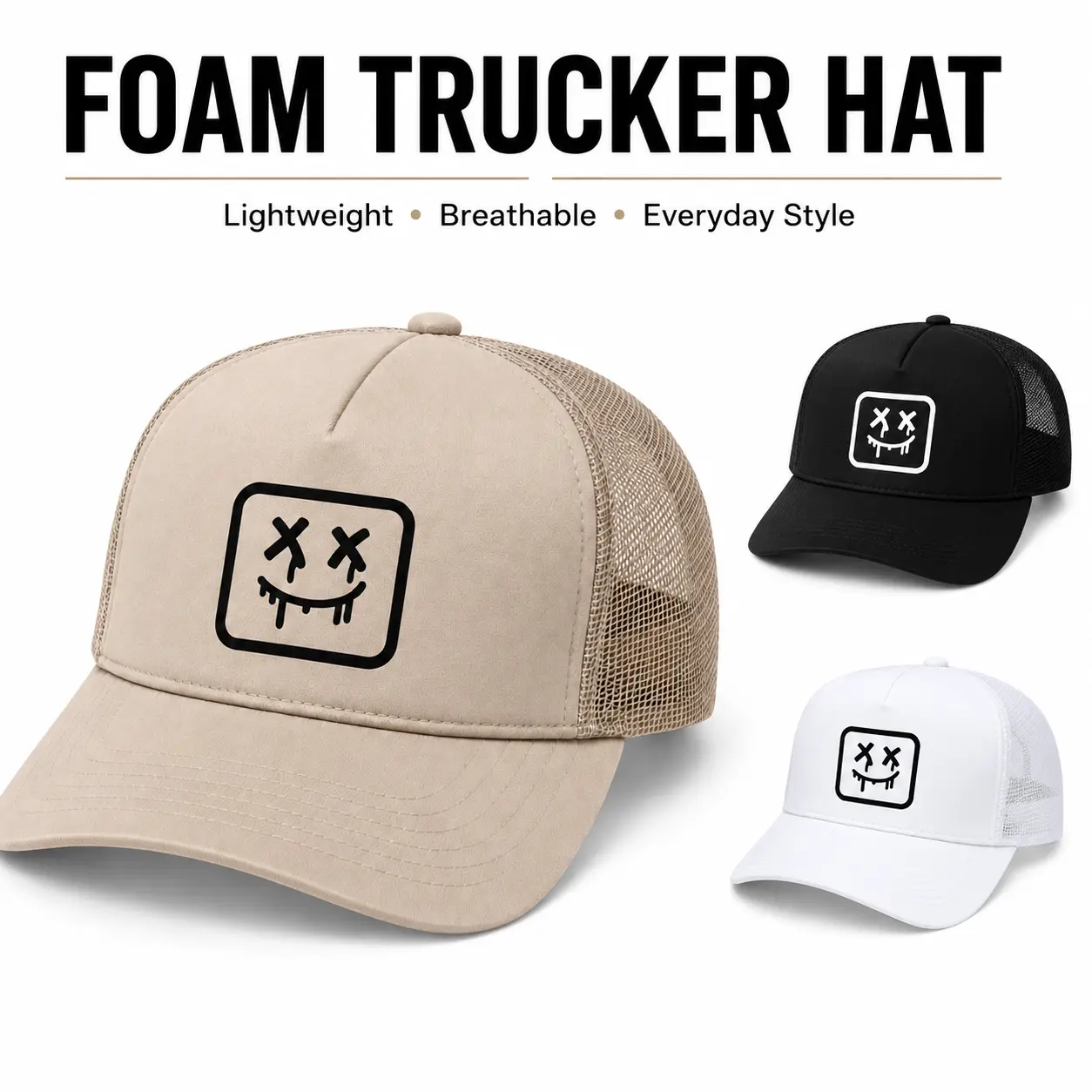 Drippy Smiley Foam Trucker Hat for Men & Women, Y2K Graphic Mesh Back Snapback Cap, Lightweight Breathable Adjustable Casual Streetwear Hat, Black White Khaki