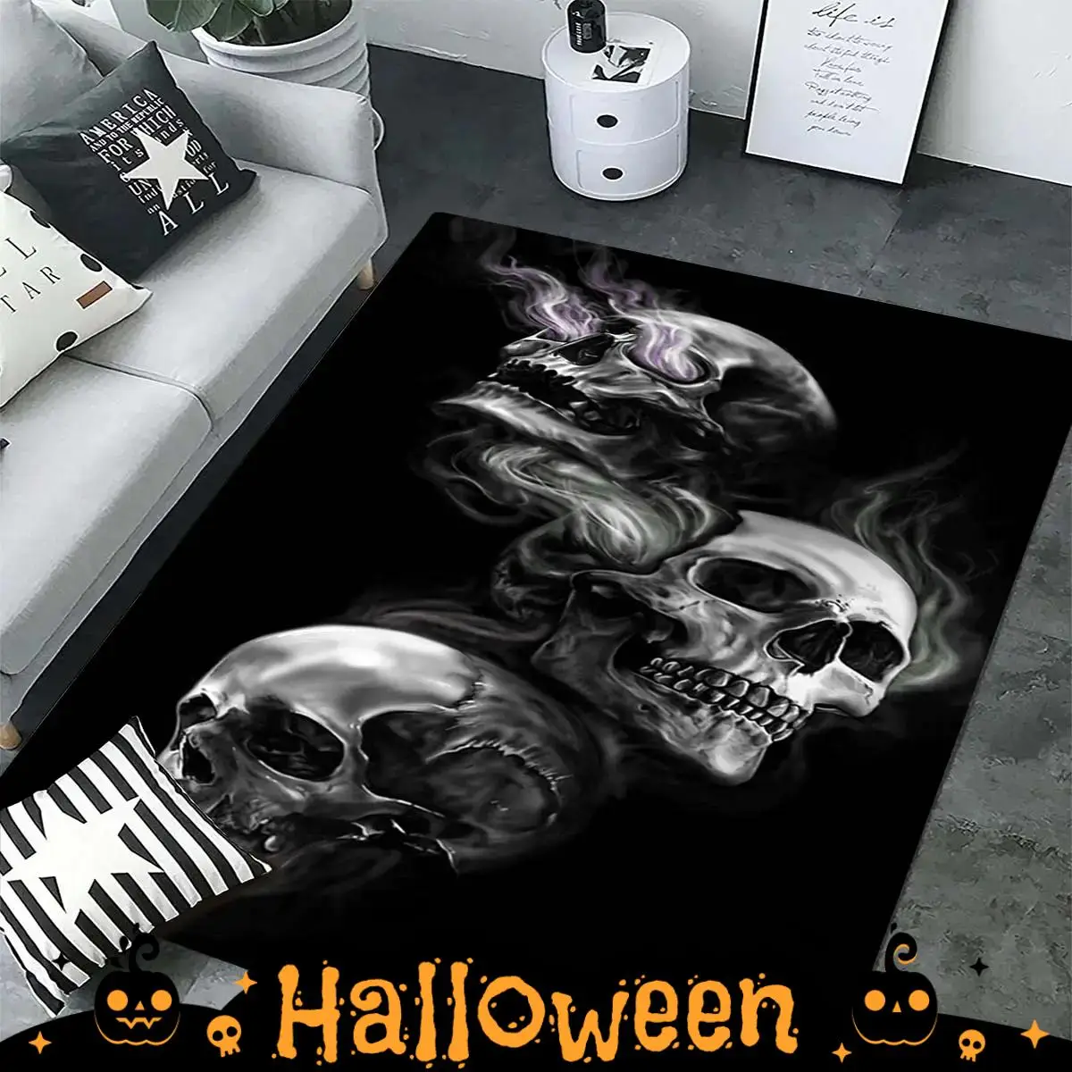 Skull Pattern Carpet Rug Cool Bedroom Accessories, 1 Count Home Decor Floor Mat for Living Room Bedroom Kitchen, Halloween Decor