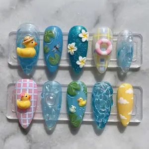 Handmade Summer Duck Pond Press On Nails, Cute Pool Float Frog Lily Floral Nail Art