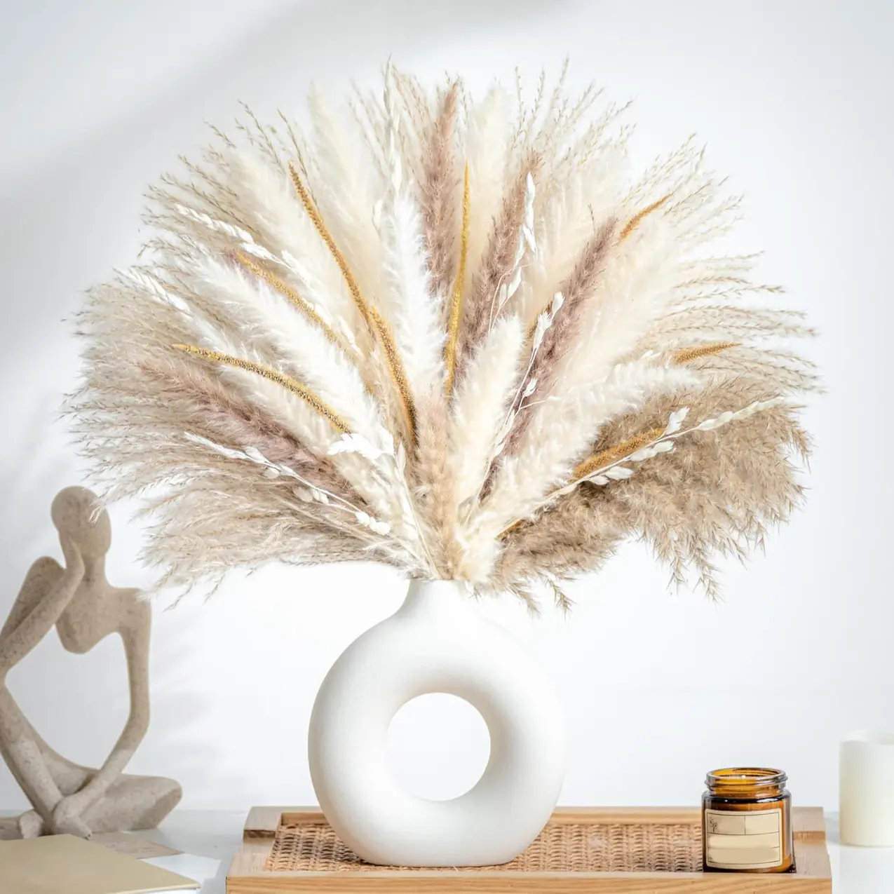 70PCS Natural Dried Pampas Grass Bouquet - Faux Pampas Grass Centrepieces, Boho Phragmites, Decorative Dried Plants for Wedding Floral Arrangements, Living Room Home Decor Supplies, Centrepieces Faux Pampas Grass