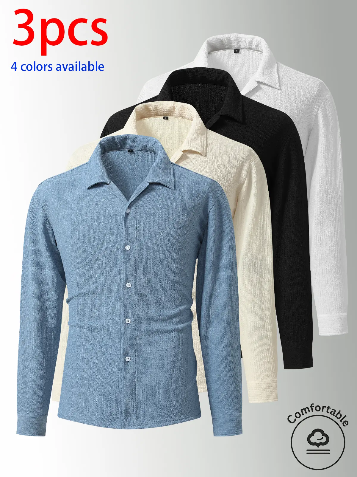 3-pack men's tops, men's long-sleeved shirts, men's loose-fit long-sleeved shirts, men's casual shirts.Simple design, loose fit that isn’t tight—can be worn alone or layered as an outer layer; suitable for everyday wear, commuting, and outings.
