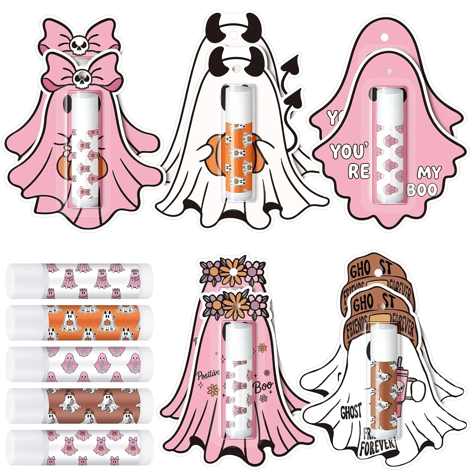 Halloween Fall Gift 10 Pack Party Favors Bulk Cute Ghost Lip Balms Gifts Pink Vintage Halloween Party Gifts Appreciation Goodies Stuffers Small Thank You Presents for Women Men Staff Coworkers Adults
