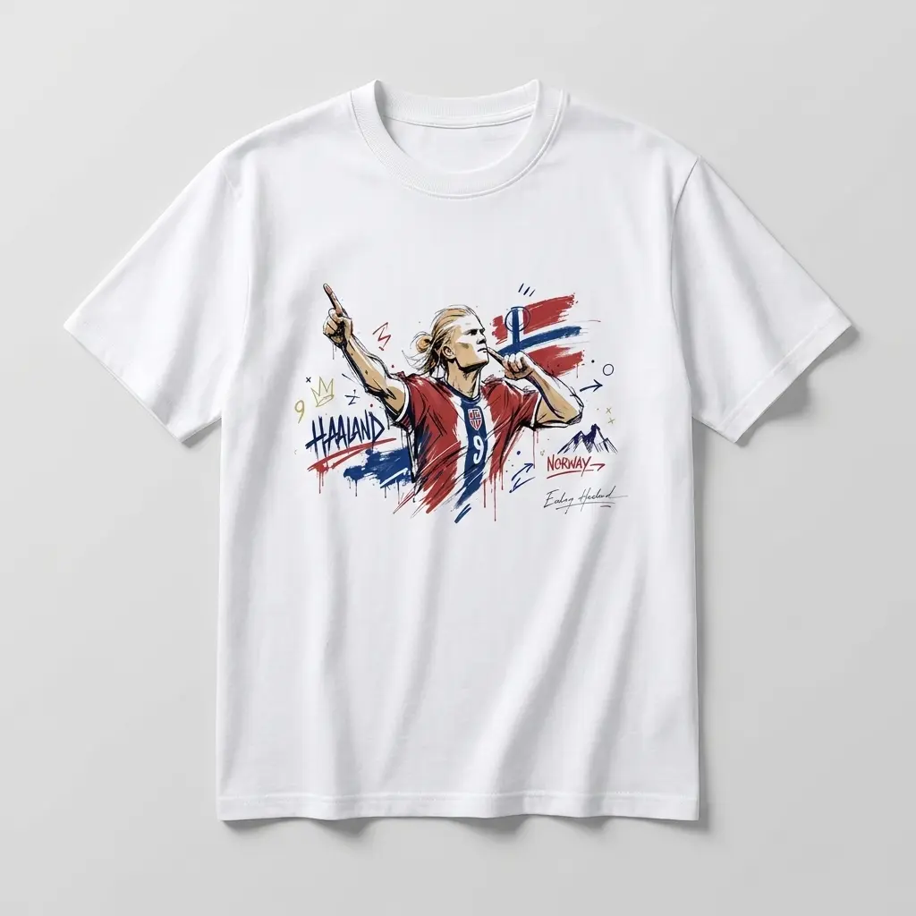 Haaland Norwegian # 9 Manchester Blue Striker Graphic Tee Nordic Goal Machine Vintage Print T-Shirt |   Unisex Vintage Soccer Shirt
