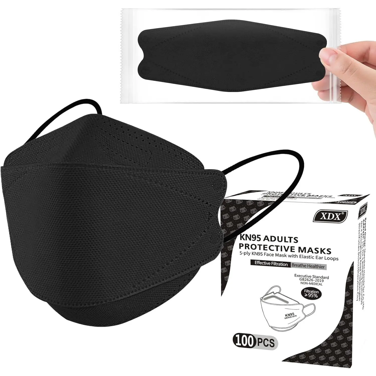XDX KN95 Face Masks 100 Pack, 5 Breathable Comfortable KN95 Masks for Adults Men, Black Masks Disposable Individually Wrapped
