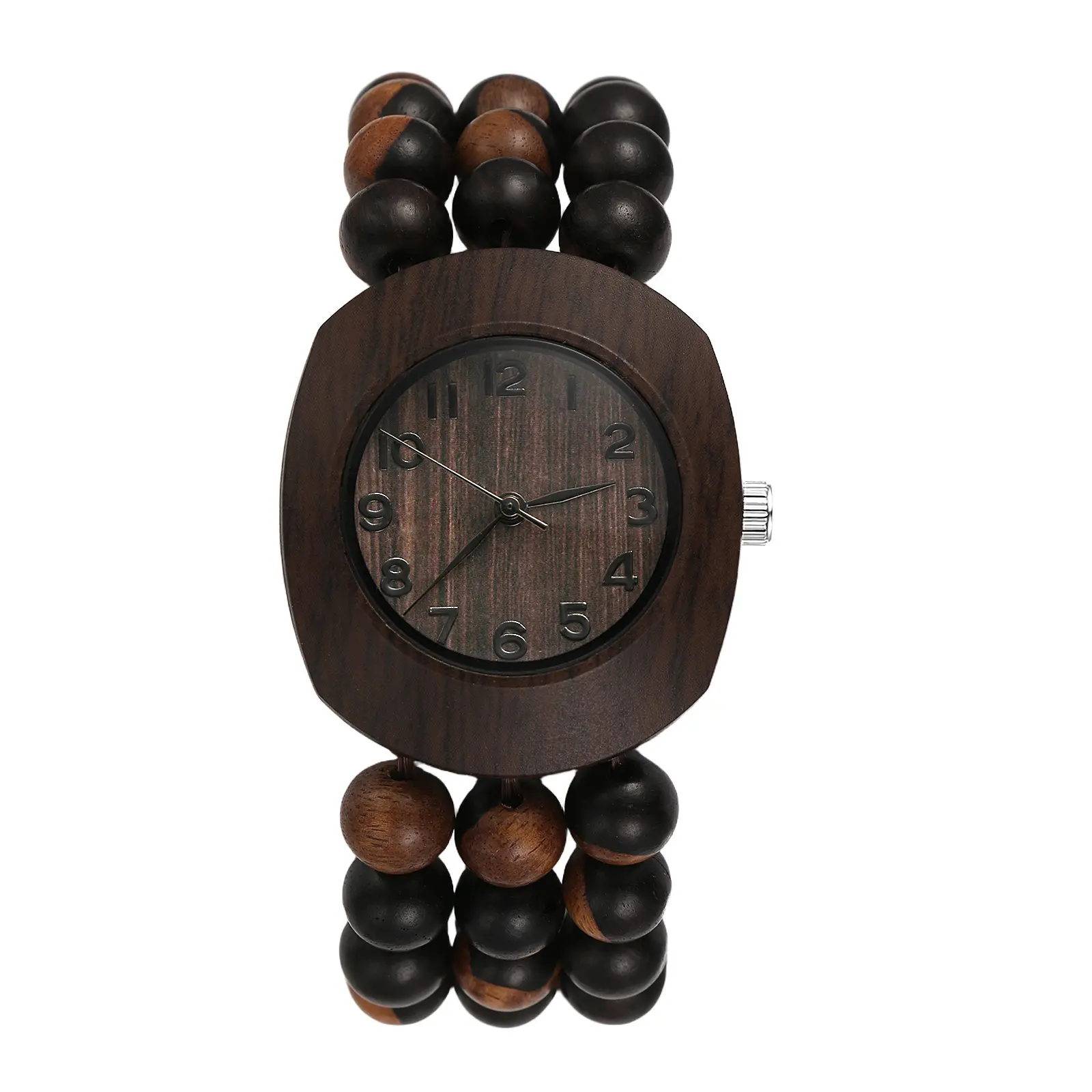 OIDEA Women's Handcrafted Tonneau Wood Watch - Analog Quartz Movement, Eco-Conscious Natural Grain, Arabic Dials, Lightweight Bohemian Fashion Watch with Buddhist Wood Beaded Stretch-Elastic Strap, Stretch Strap, Handcrafted Wooden Beaded Strap