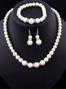 Elegant Rhinestone Pearl Jewelry Set for Women, Includes Necklace Earrings Bracelet, Perfect for Daily Wear Wedding Party, Fashionable Jewelry Set