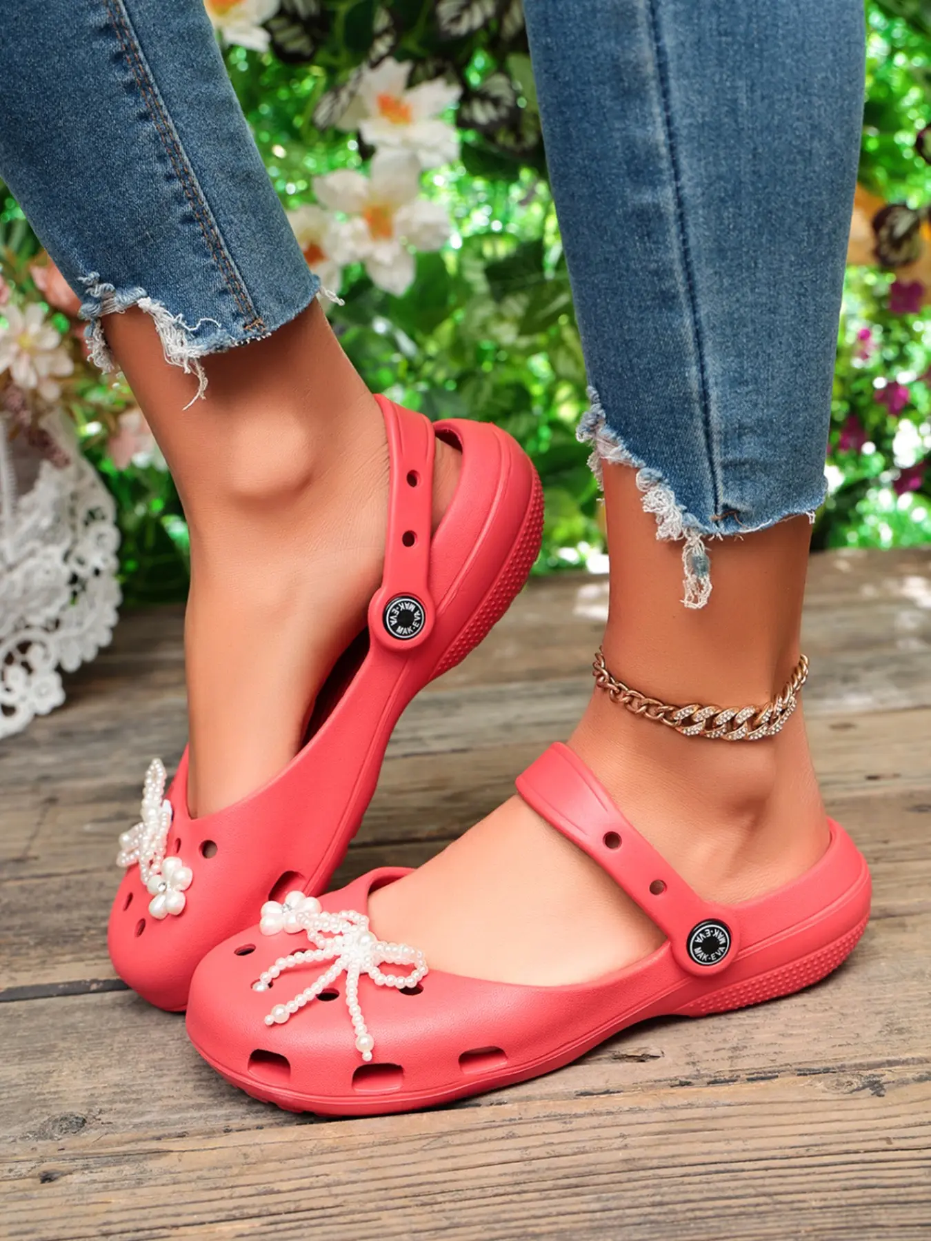 Sweet Pearl Bow Mary Jane Sandals, Pu Sandals, Soft Sole Flip Flops, Breathable Anti-Slip Closed-Toe Slippers, Versatile Girls' Shoes