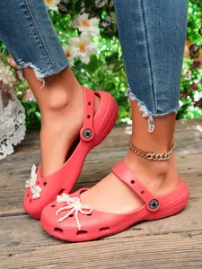 Sweet Pearl Bow Mary Jane Sandals, Pu Sandals, Soft Sole Flip Flops, Breathable Anti-Slip Closed-Toe Slippers, Versatile Girls' Shoes