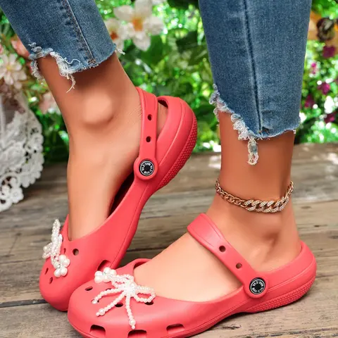 Sweet Faux Pearl Bow Mary Jane PU Sandals, Soft Sole Breathable Anti-Slip Closed-Toe Slippers, Girls' Versatile Shoes
