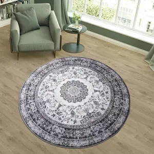 Round Rug 4 Feet, 5 FeetArea Rugs - Vintage Floral Distressed Design Machine Washable Non-Slip Faux Cashmere Rug for Living Room Dining Room Bedroom Home Office Farmhouse, Blue, Khaki, Black/ White