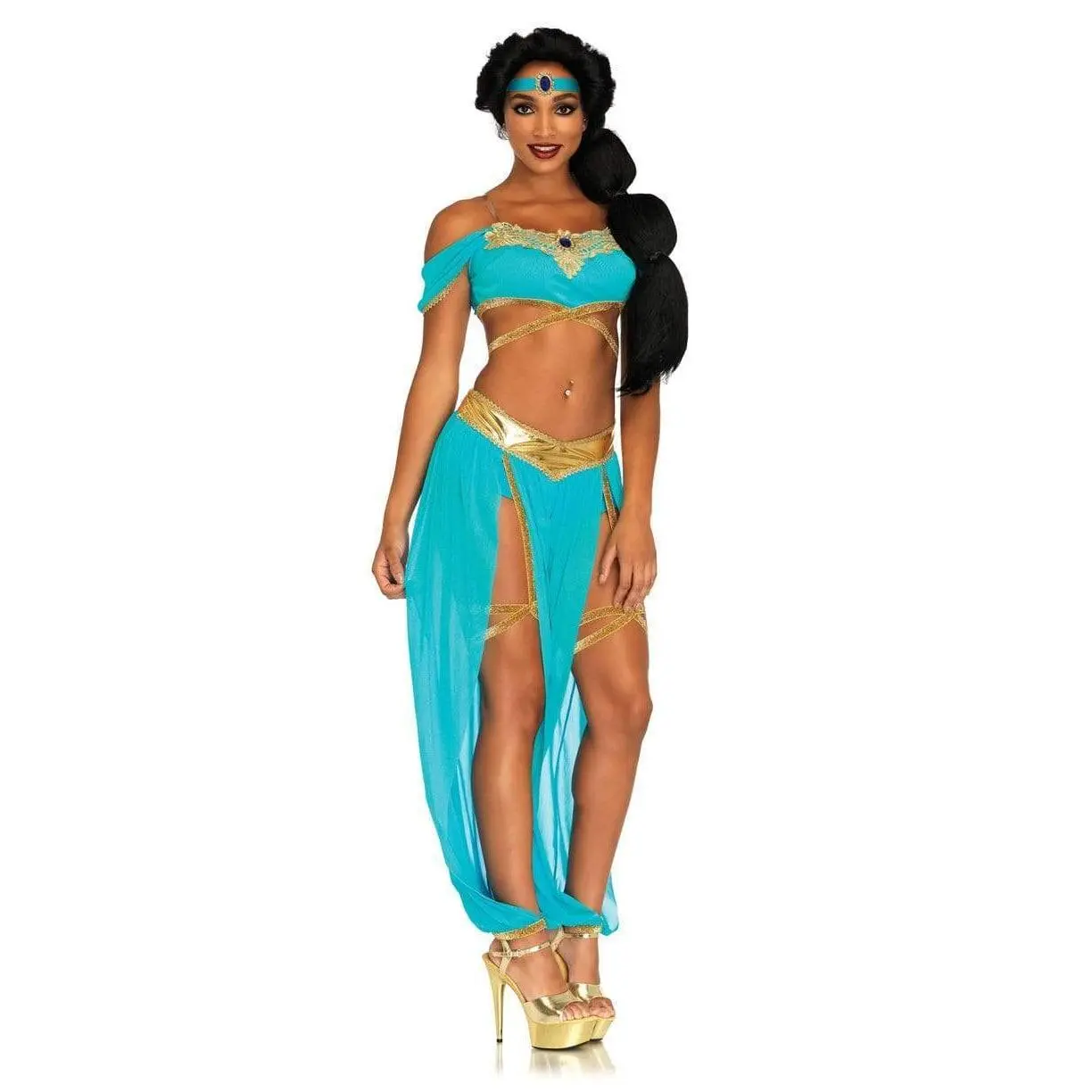 Leg Avenue Women's 4PC Oasis Princess Jasmine-Inspired Halloween Costume for Women - Drip Dry Polyester Spandex Crop Top with Gold Applique, Split-Leg Harem Pants, Attached Booty Shorts, Jewel Head Piece & Accessories