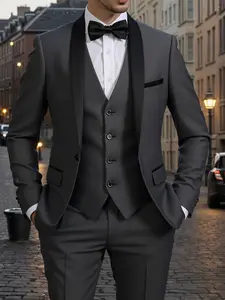 LIVEZOU Menswear Formal Wedding Guest Suits 3pcs Grey Outfit Set Long Sleeve Shawl Collar Jacket with Pockets Slim Fit Pants Workwear