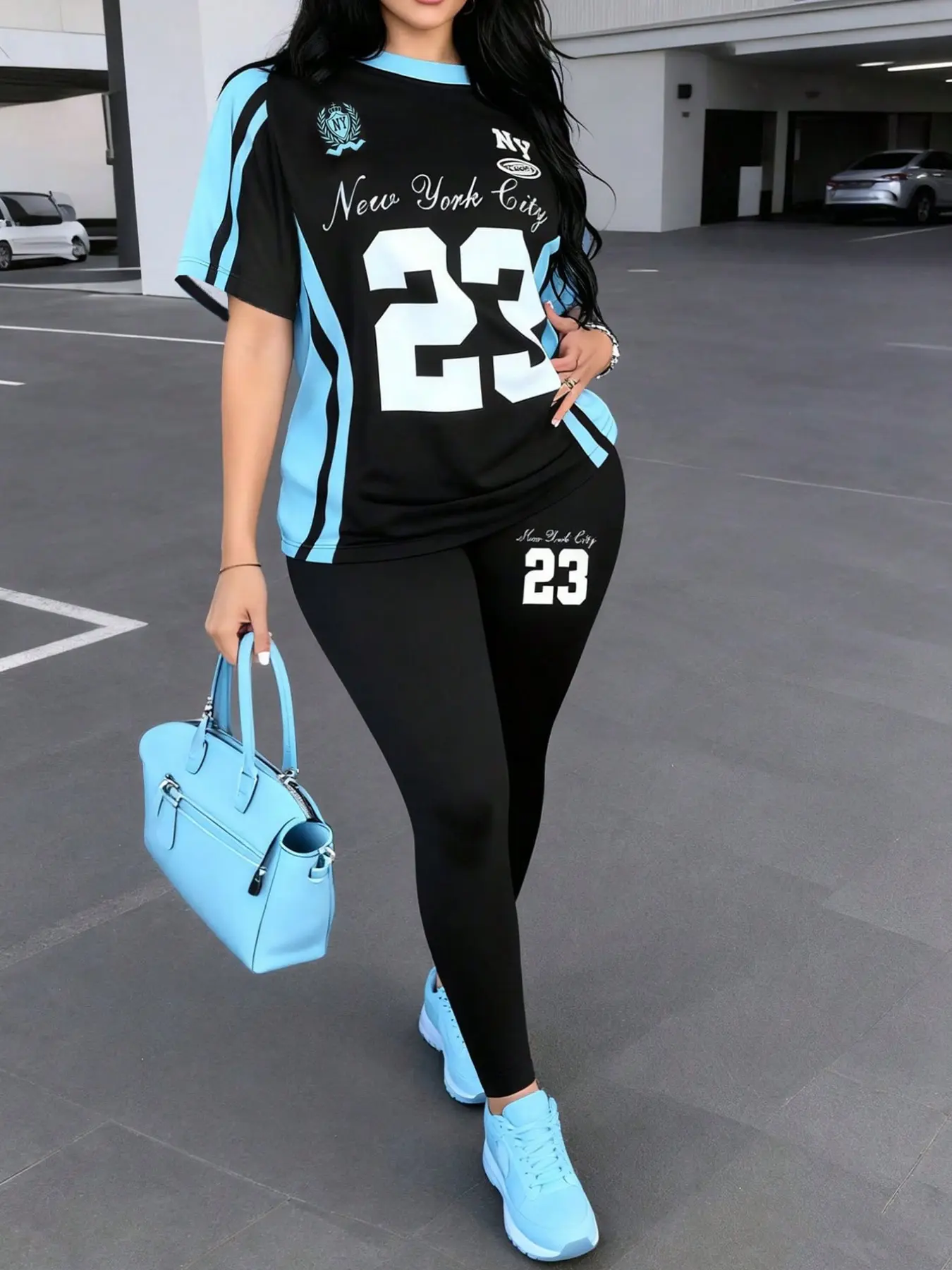 Women's Casual Fashion Creative Number 23 Slogan Print Short Sleeve Top, Tight Fitting Bottoms Two Piece Set, Street Sporty Style, Athleisure Sportswear Set, Athleisure Tracksuit Set