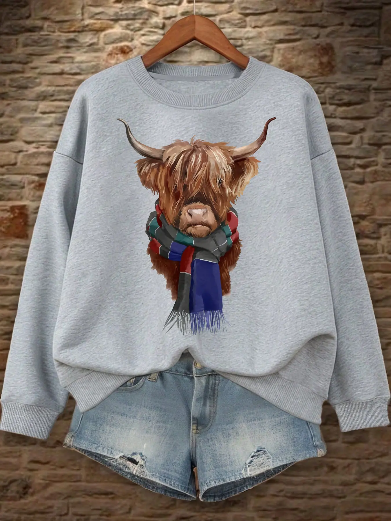 Women's Loose Fit Casual Pullover Sweater, Drawstring Shoulder Design, Cute Highland Cow Print, Perfect for Spring & Fall