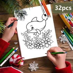 Cartoon Dolphin Pattern DIY Coloring Card, 32pcs/set DIY Painting Card, DIY Painting Supplies for Birthday Gift and Creative Painting