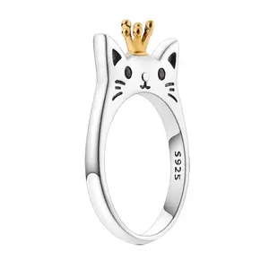 Princess Crown Cat Ring 925 Sterling Silver Cute Kitty Animal Rings for Women Pet Lover Aesthetic Trendy Jewelry Gift