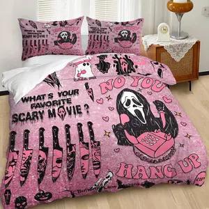 Barbie-Style Horror 2/3pcs Duvet Cover Set, Soft Bedding Sets, Black Pink Color Scheme Knife Spider Bat Graffiti Heart Patterns Bedding Set, Sweet Yet Edgy Creates Comfort Ambiance, Includes 1 or 2 Pillowcases-Fillers Not Included, Zipper Closure