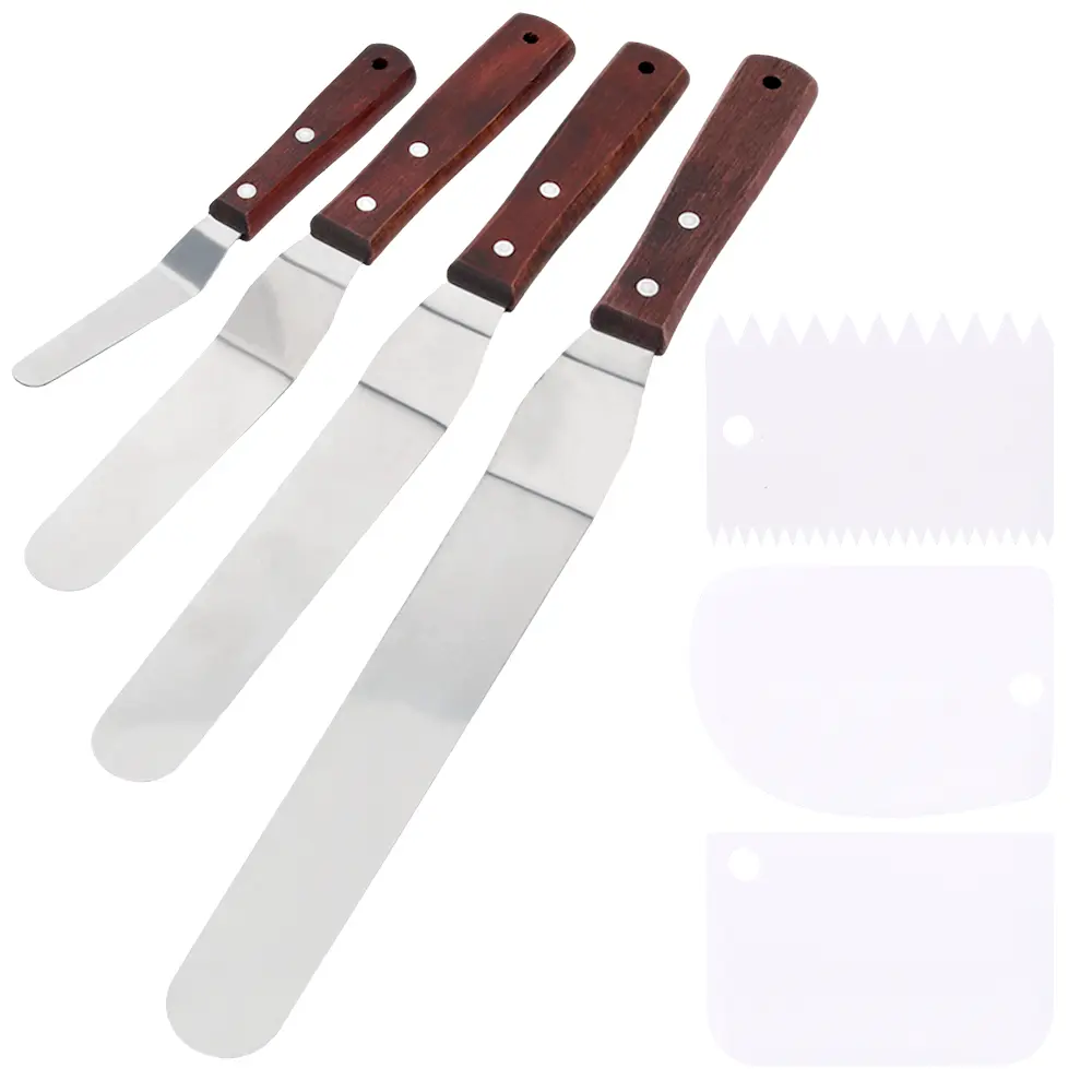 4-Piece Offset Spatula Set for Cake Decorating – 4, 6, 8 & 10-Inch Angled Icing Spatulas with Stainless Steel Blades & Wooden Handles, Includes 3 Plastic Cake Smoothers