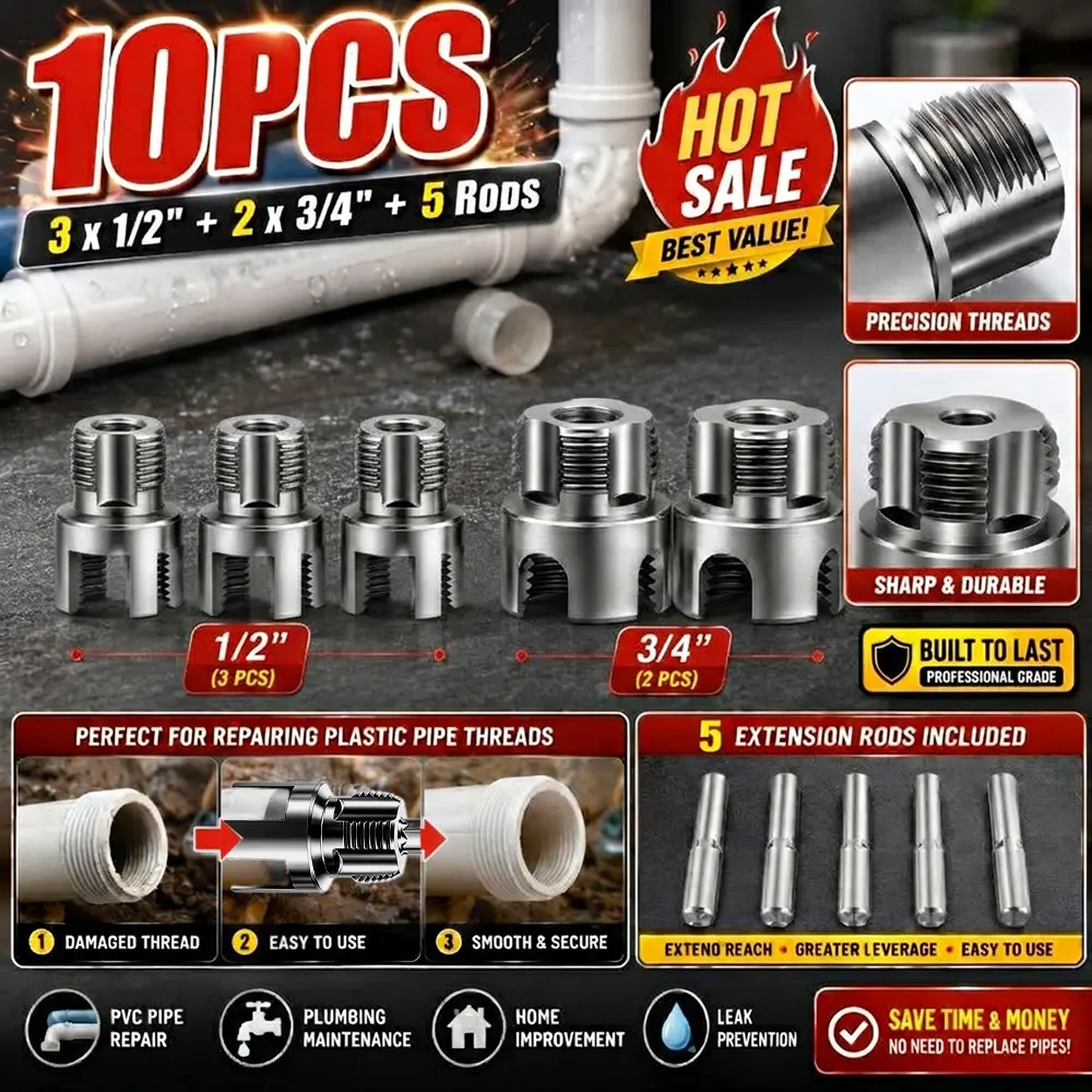 10PCS Heavy Duty Pipe Threaded Tools Set-5 Extension Rod+3PCS 1/2"+2PCS 3/4"Internal External Pipe Threader Kit, Thread Tapping Tool Compatible With All Common American Drills.Threader Tool Compatible With US Standard PVC, PPR, MPP Plastic Water Pipe