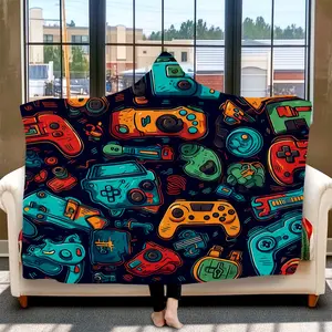 1pc Video Game Controller Pattern Cozy Hooded Blanket, Adults Flannel Wearable Blanket, Super Soft Oversized Cloak for Gaming, Lounging, Watching TV, Reading, Napping, Gift for Men Women