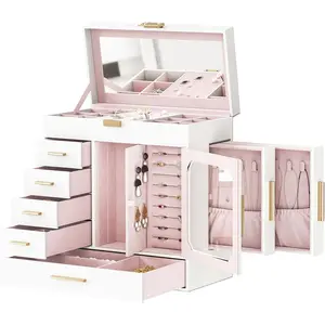 Box with Mirror,  Organizer Box with Capacious Storage Space,  Holder Organizer, Hand-Held  Case,  for Loved Ones, Modern Style, White and Light  WT06JB04G1