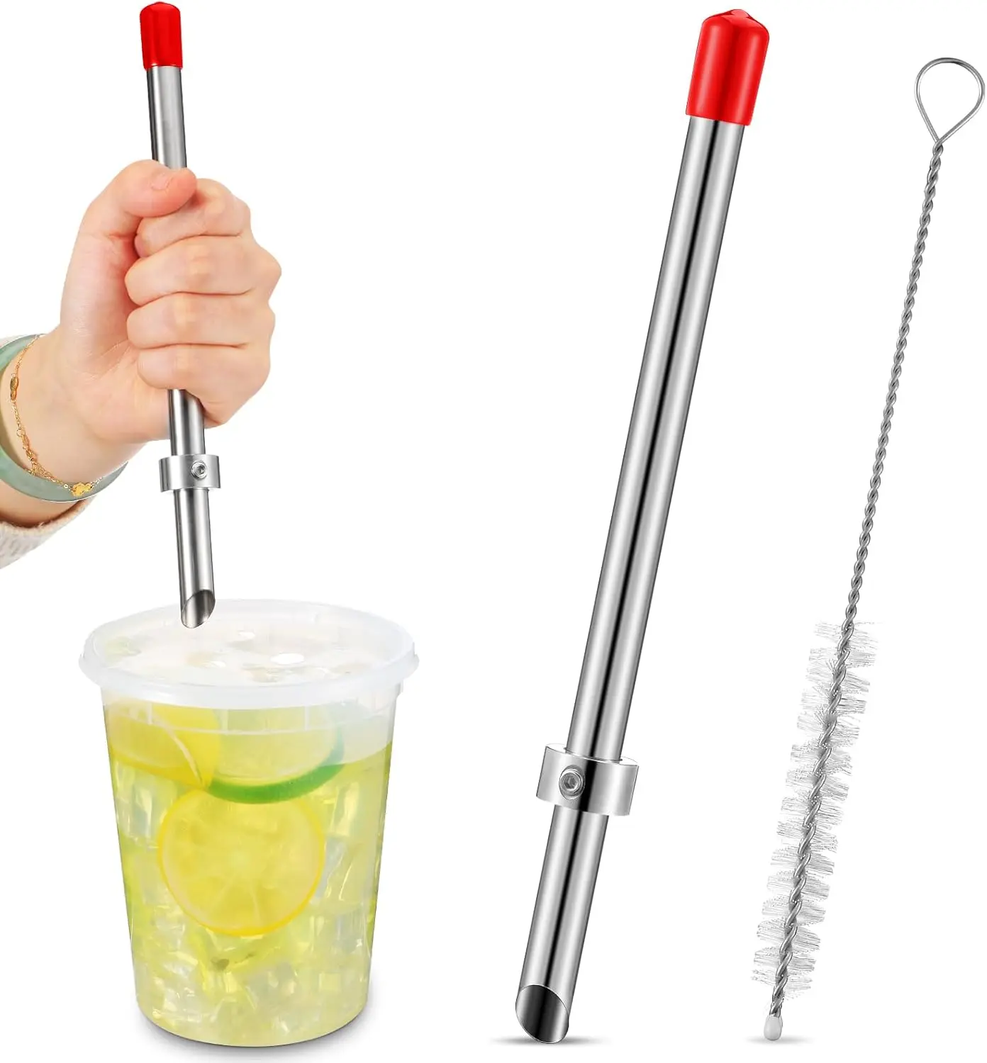 1 Pack Straw Puncher for Plastic Lids Lemonade Cups, Stainless Steel Straw Hole Puncher Punching Tools for Cafe Drinks Deli Container Fresh Squeezed Lemonade Stand Supplies (8.7 Inch,Red)