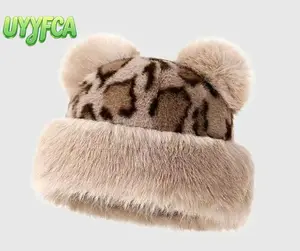 UYYFCA Leopard Print Bear Ear Pom Pom Beanie Women Y2K Trendy Fluffy Faux Fur Winter Hat Cute Coquette Big White Pom Poms Thick Warm Turn Up Brim Leopard Spots Luxury Soft Plush Earflap Beanie 2025 Fashion