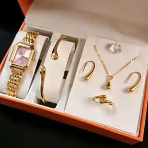 Elegant Gold Tone Jewelry Set with Watch, Cuff, Necklace, Earrings, and Ring for Women