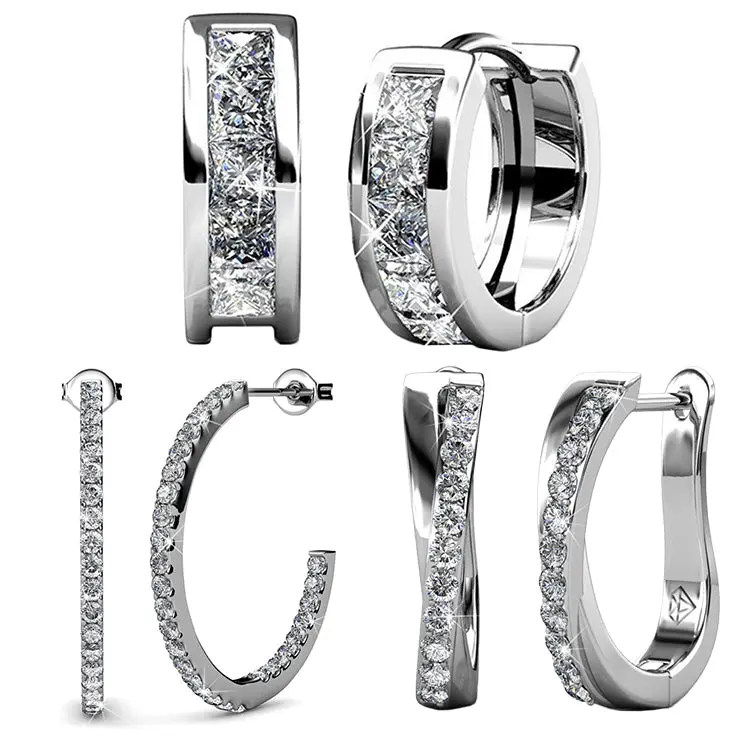 Cate & Chloe Earrings Pack of 3 - Giselle, Amaya, Rosalyn Hoops White Gold Plated Earrings