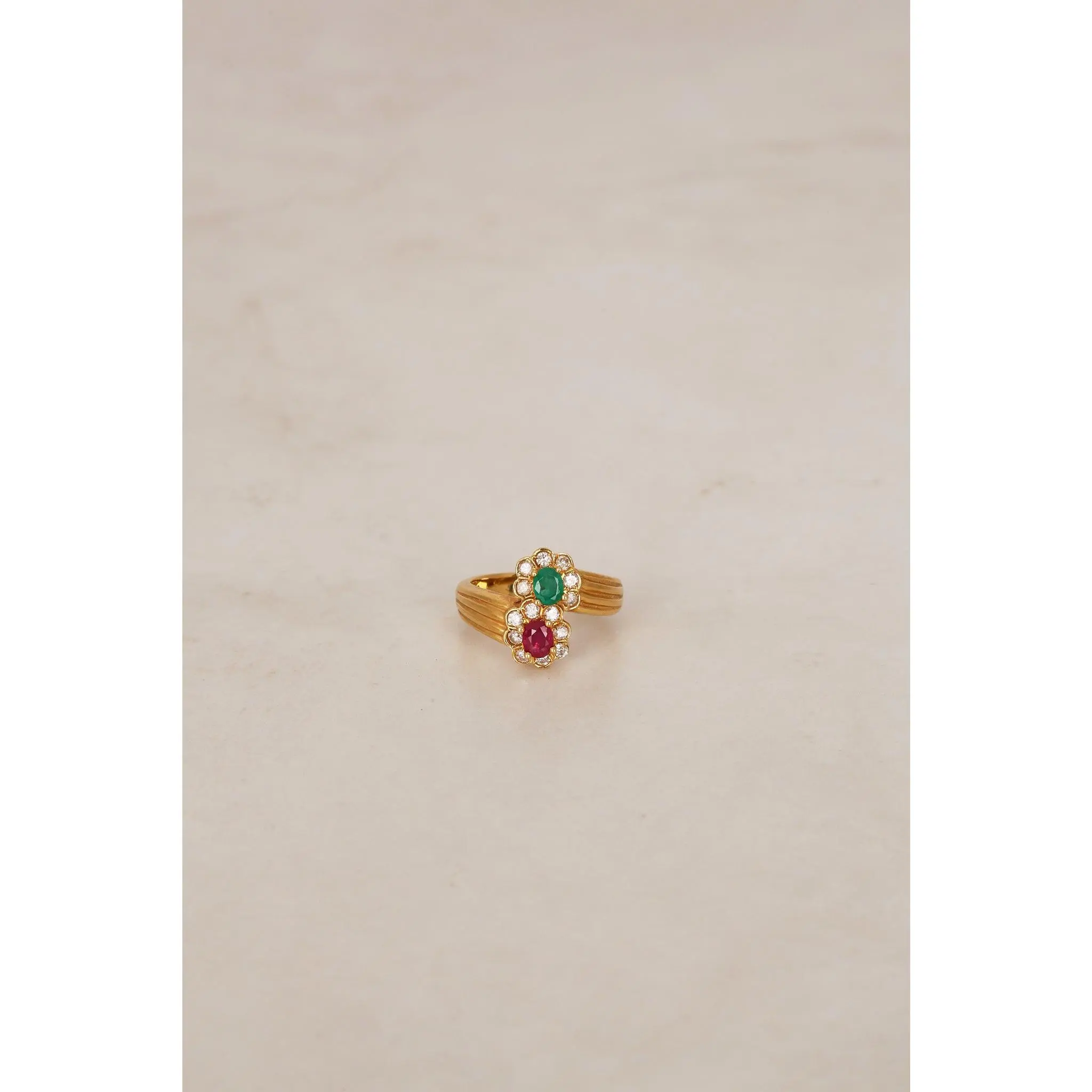1980s 18K Yellow Gold Ruby and Emerald Duo Halo Ring, Size US 6 - Drop 47