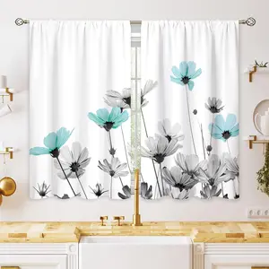Farmhouse Teal Grey Floral Kitchen Curtains Rustic Flower Window Treatment Wildflower Small Cafe Short Window Curtains for Bathroom Dining Room Farmhouse Leaf Treatment Drapes 27.5x39 inch