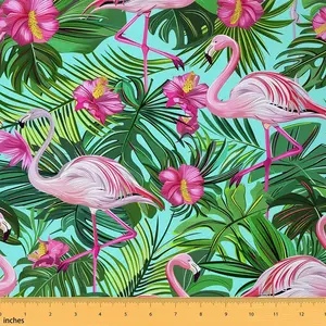 Flamingo Upholstery Fabric for Chairs,5 Yards,Beach Green Palm Leaf Fabric By The Yard,Pink Tropical Floral Fabric for Upholstery and Home DIY Project