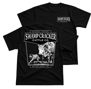 Swamp Cracker Cow And Calf T-Shirt, Western Ranch Graphic Tee With Cattle Back Print, Front Chest Swamp Cracker Logo Shirt, Southern Farm Workwear Outfit, Country Livestock Apparel Gift for Men and Women