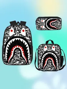 Shark Mouth Backpack Set, Camouflage Student School Bag, Large Capacity Campus Backpack for Boys and Girls, 3-Piece Set