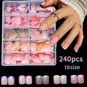 240Pcs/Box French Short Square Press on Nails, 10sizes Mixed Color with Pink Rose Green Yellow Edge French Soft Gel False Nails Fake Nails, French Tip Nails, 10-Grid Manicure Jewelry DIY Kit, Artificial Nails for Women Daily Wear