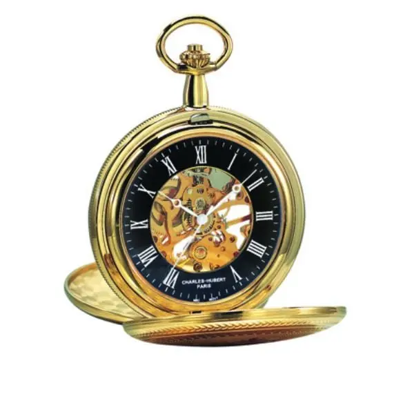 212 MAIN Charles-Hubert Paris DWA066 Unisex 47 mm Double Hunter Case Analog Pocket Watch with Gold Skeleton Dial, Includes Pocket Chain, Analog Watch