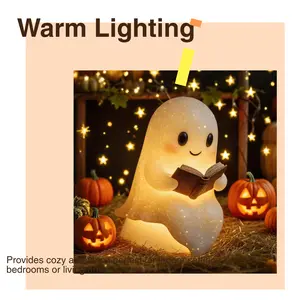 Cute Ghost Reading Book Lamp Halloween Gifts Light Up Ghost Statue Night Light Ghost Warm Lighted Indoor Figurine House Mantel Decor for Home Party Bedroom Shelf Table (6 inch)