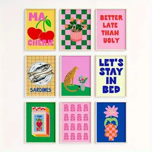 9pcs Set of Colorful Eclectic Poster Prints Hot Pink Room Decoration Dopamine Wall Art Painting Fashion Abstract Home Decoration Mural