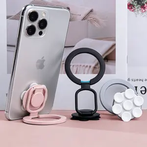 MagSafe Ring Phone Holder, Multifunctional Magnetic Mount with 2-in-1 Double-Sided Seamless Silicone Adsorption, Strong Magnetic Core, 3-Fold Z-Shaped Shock-Absorbing Hinge for Flexible Folding, Suitable for Bathroom Mirrors, Car Use
