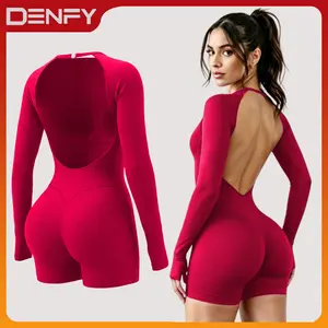 DENFY Impact Long Sleeve One Piece Jumpsuit Fitness Gym Bralette Soft Workout Activewear