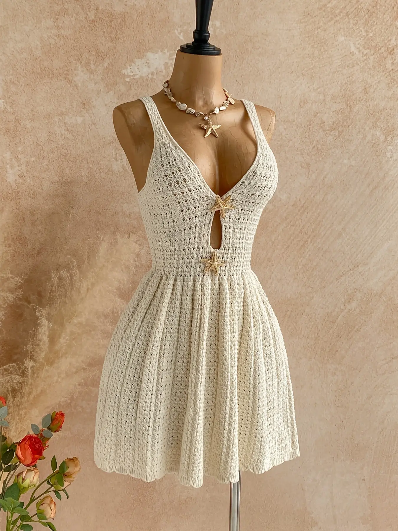 Dreamy Cream Color Breathable Crochet Knit Mini Dress, Deep V Neck, Hollow  Out Details, Starfish Decoration, Bohemian Boho Style, Perfect for Beach  Vacation - TikTok Shop