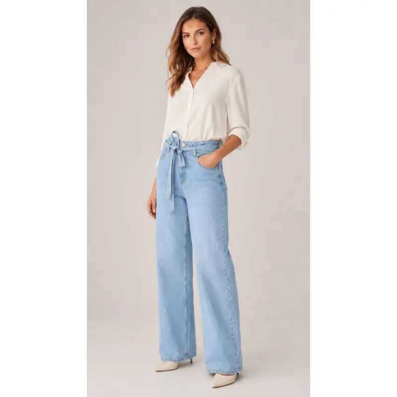 Bombbase Women's high-waisted wide-leg jeans, with self-tie belt, light-washed full-length denim pants, with pockets, relaxed casual outdoor style Parazzo jeans