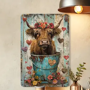 One Count Country Highland Cattle and Flowers Vintage Metal Tin Plate, Fun Animal Mural Decoration, Farmhouse Garage Iron Painting, Restaurant Family, Forest Garden Indoor and Outdoor Vintage Ornament, 8X12 Inches.