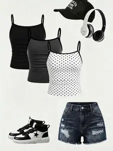3-piece vintage basic layered camisole set for girls, available in black, gray, and white with black polka dots, featuring pleated, fitted, adjustable shoulder strap vests, suitable for both machine and dry cleaning