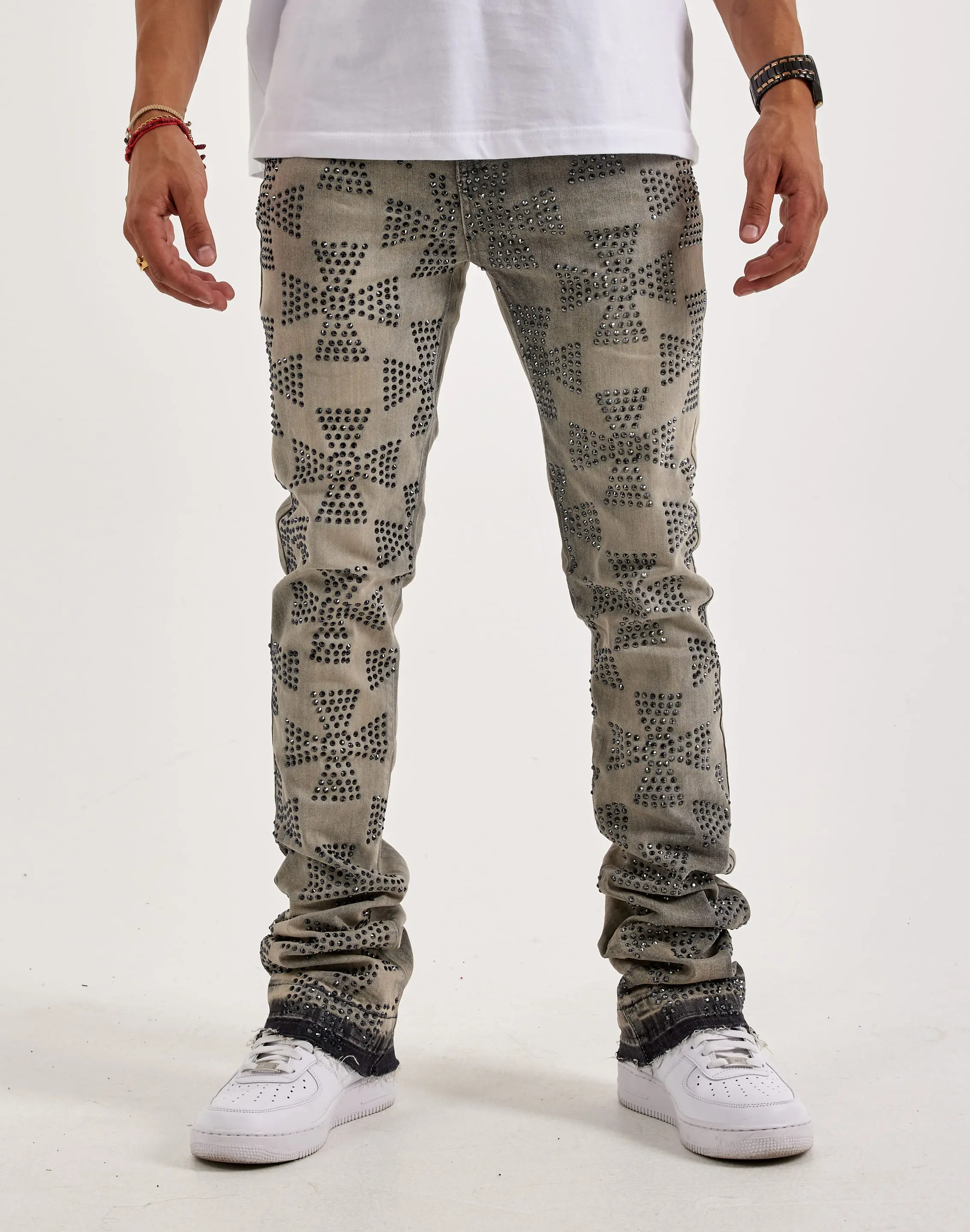 Mens WAIMEA Flared Rhinestone Cross Denim Jeans